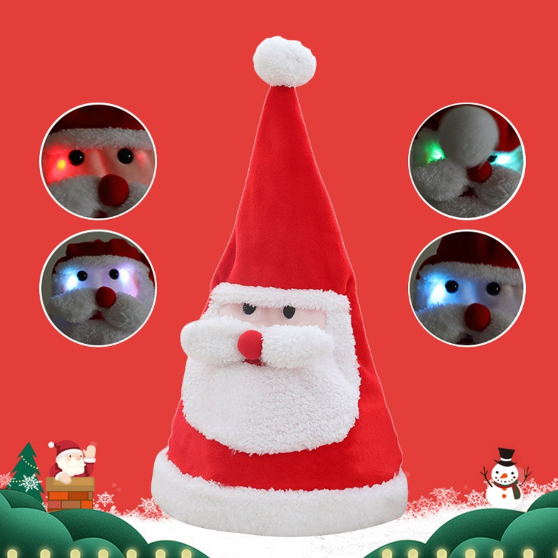 Topi Santa Elektrik Bahan Plush Dengan Lampu LED Untuk Dekorasi Natal