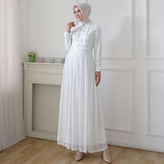 Gamis Putih Premium AGNES Gamis Putih Wanita Plisket Brukat Baju