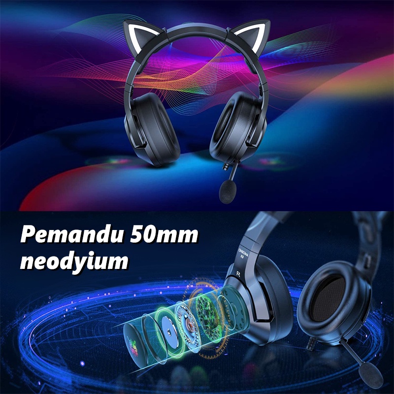 ONIKUMA K9 Black Cat Ear Headphone Gaming Headset With Mic Noise Reduction RGB Light For Laptop