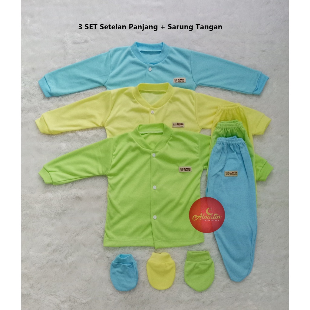 3 Set Panjang Piyama Bayi + Sarung Tangan Bayi / Setelan Panjang Tutup Kaki Almatin