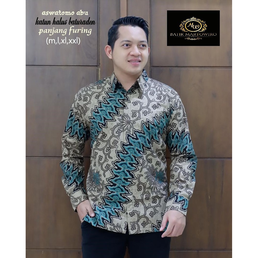 ASWATOMO ABU kemeja batik pria modern batik pria kantor batik terbaru baju batik lengan panjang