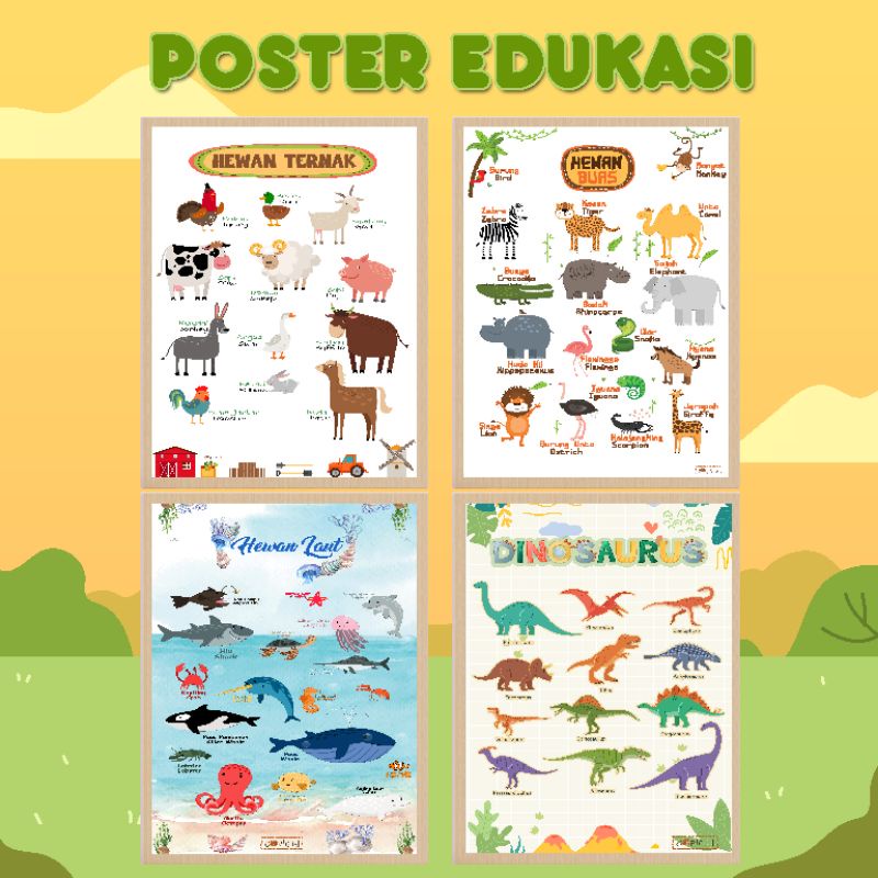 POSTER EDUKASI BELAJAR ANAK DINOSAURUS,HEWAN BUAS, HEWAN TERNAK,HEWAN LAUT