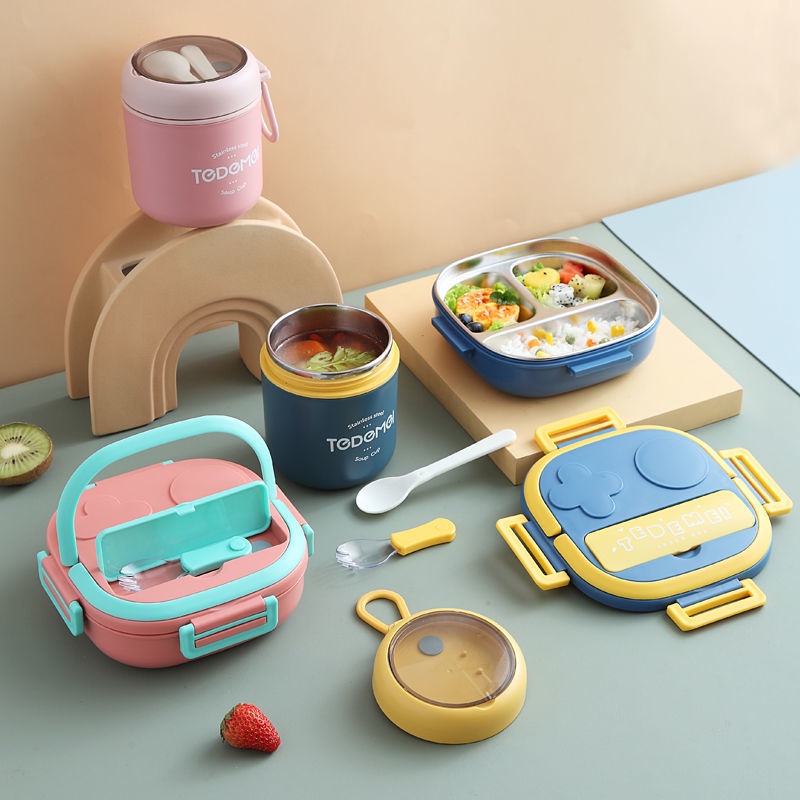 Kotak Makan Anak Stainless 304 Bekal Makan Set Lunch Fit Kotak Makan Lunch Box Set Wadah Bekal Anak Stainless Tedemei 2-3 Sekat Kids Lunch Box Set Premium Rantang Makan