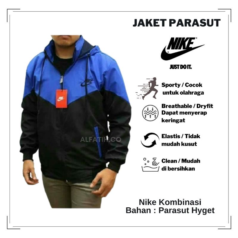 Jaket Parasut Nike Windrunner Kombinasi Biru - Hitam [Serap Keringat]