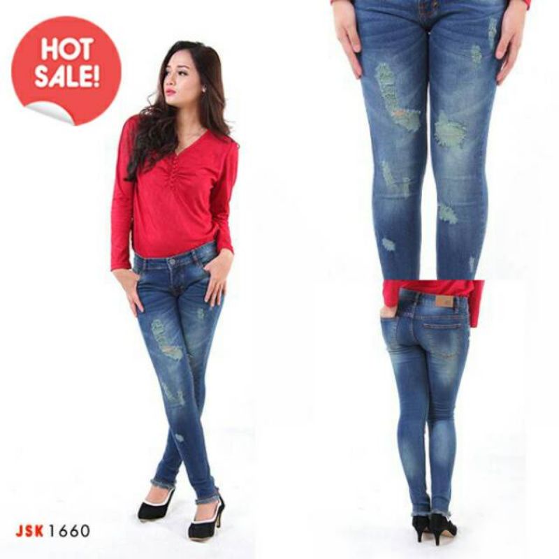 Celana Panjang Ripped Skinny Jeans Distroy Wanita