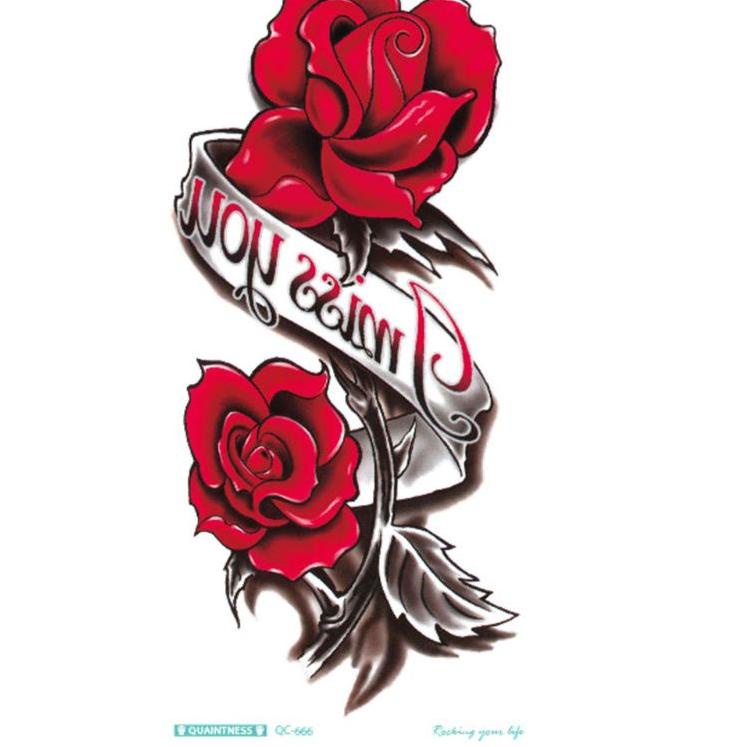❦ QC Seeries MAWAR MERAH DARAH HIJAU TATO TEMPORER Tahan air - tato temporary tattoo bunga mawar mer