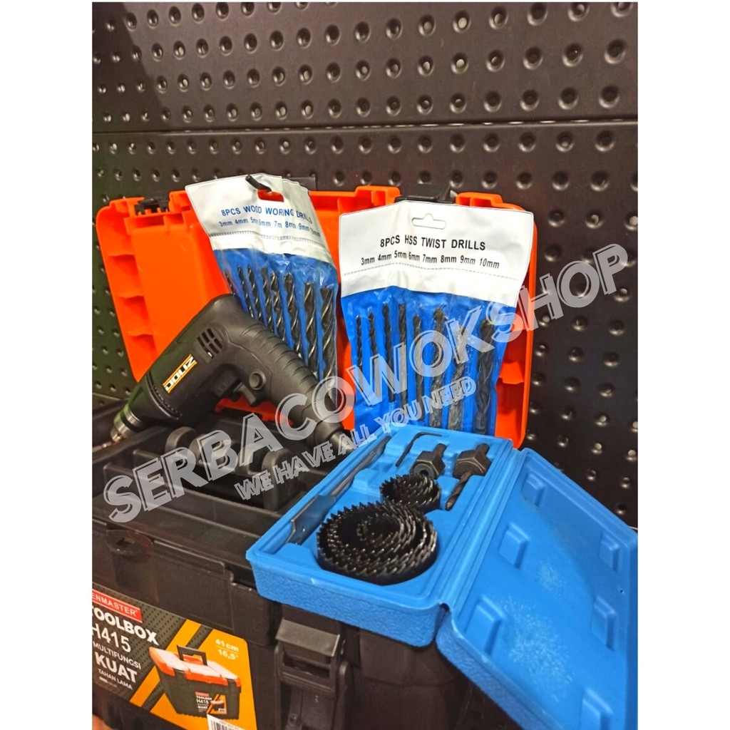 Promo Paket Mesin Bor Doliz 10 mm + Tool Box + Holesaw 13 pcs Bonus Mata Bor Set Besi &amp; Kayu