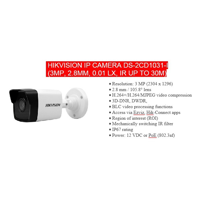 Hikvision CCTV IP 1-Serial DS-2CD1031-I 3.0 MP CMOS Network Bullet Camera