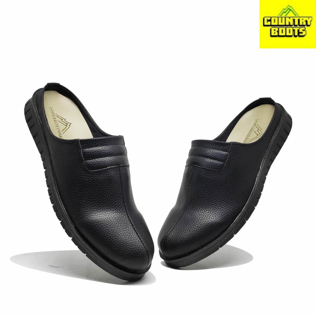 Sandal sepatu pria kulit asli warna hitam selop slop cowok countryboots leather shoes