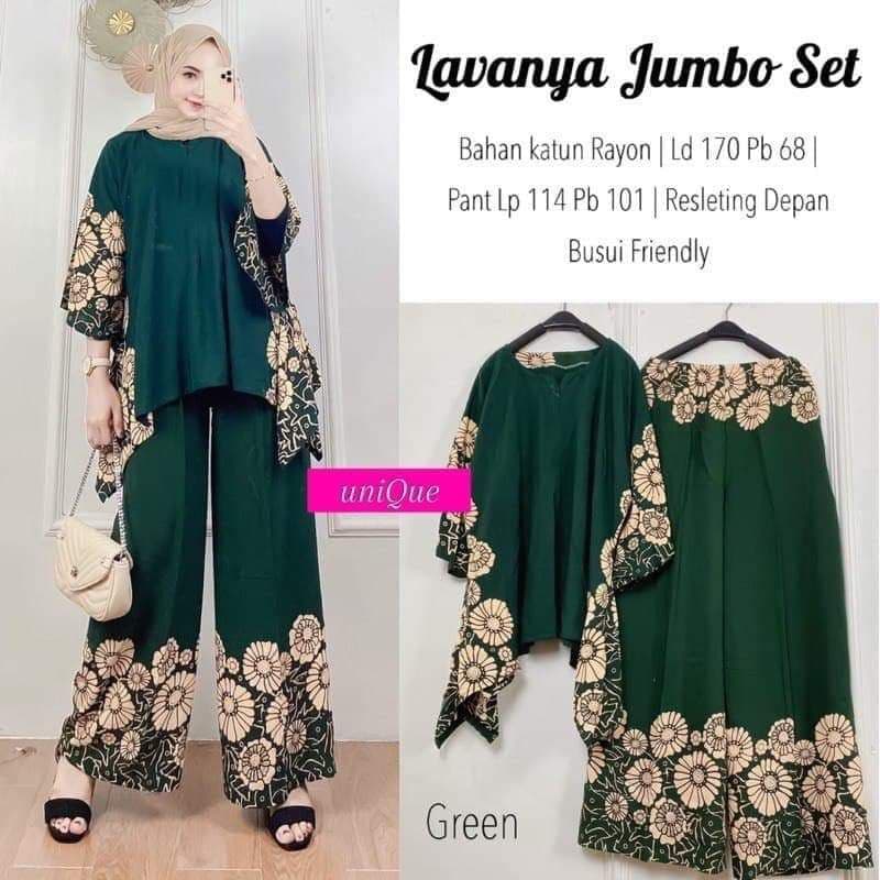 Lavanya Set Jumbo - One Set Jumbo Katun Rayon Tidie Premium Busui Setelan Wanita Waka Waka Set Celana Panjang Bigsize LD 140 cm