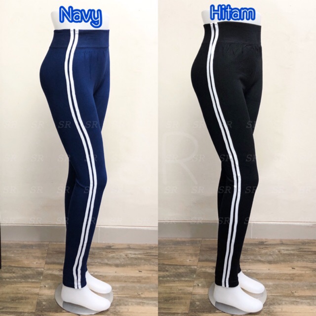 Legging Import Wanita List Putih Stripe Polos Premium Melar Murah