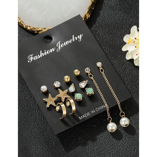 LRC Anting Tusuk Fashion Gold Star-studded Pearl Stud Earrings 7 Pairs D57196