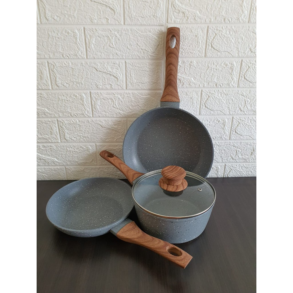 PAKET HEMAT MARBLE SERIES HONEY KITCHEN 2 FRYPAN DAN 1 SAUCEPAN TUTUP