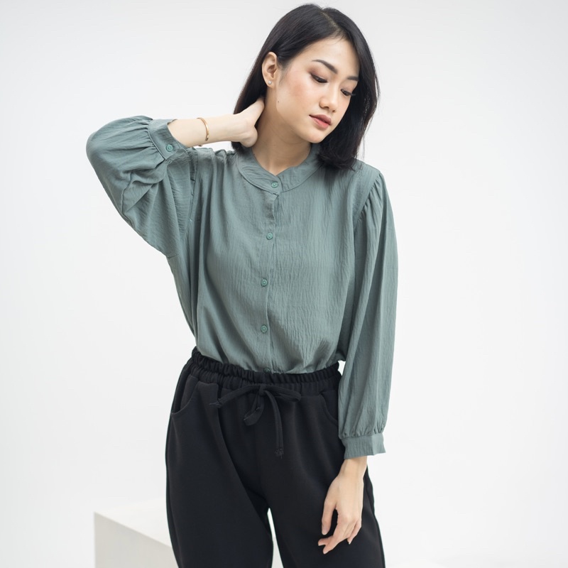 MSMO River Blouse Oneck Longsleeve / Blouse Wanita / Kemeja Kantor / Kemeja Crinkle / Kemeja Lengan Panjang-Sea Green