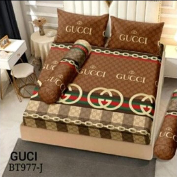 BEDCOVER SET DAN SPREI BEDCOVER SET MOTIF GUCCI LINE COKLAT