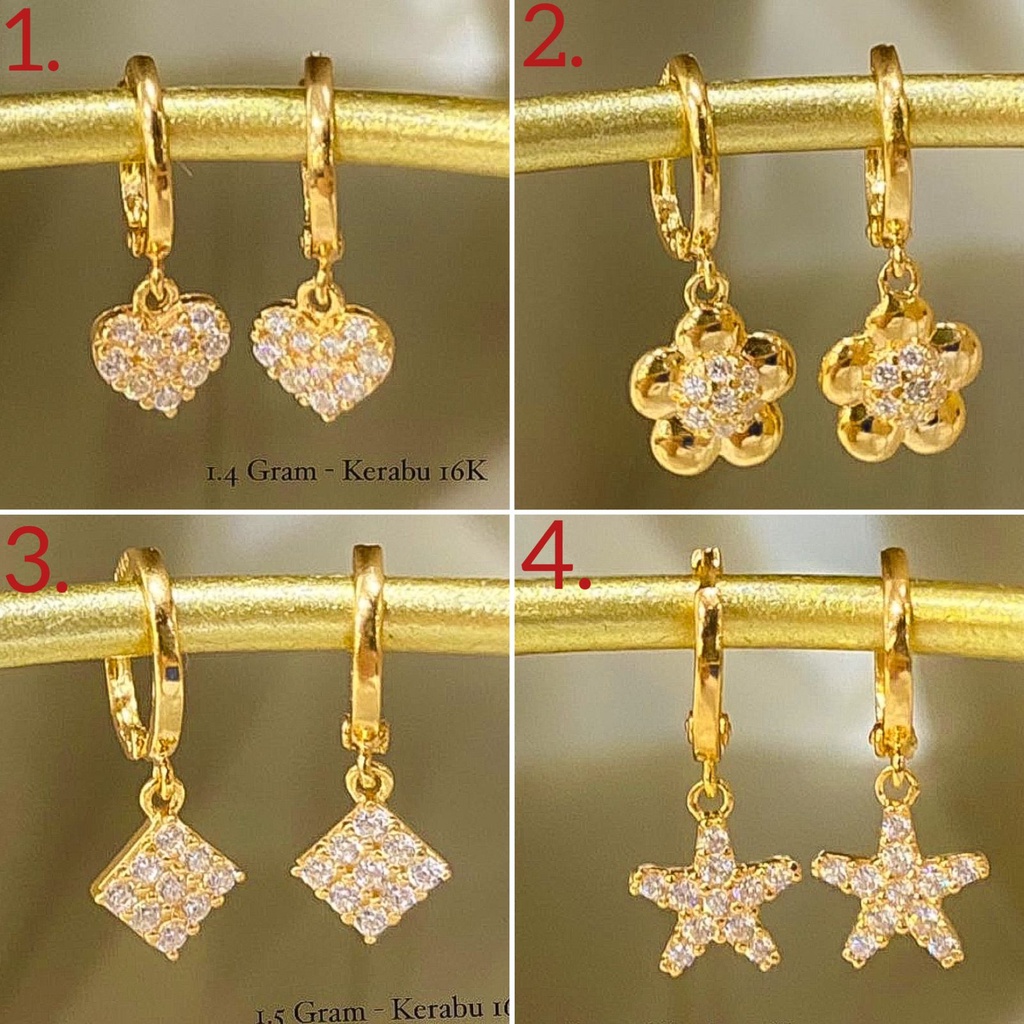 Anting jepit gantung anak dan dewasa emas asli kadar 700 70 16k giwang kerabu cetek bulat permata love bunga segi bintang star elegan 1 2 gram gr g terbaru