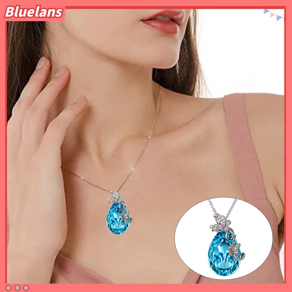 Kalung Rantai Desain Butterfly Waterdrop Aksen Kristal Imitasi Warna Biru Bahan Silver Plated Untuk Wanita