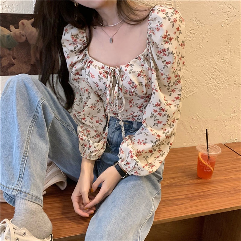 Shifon blus French floral puff lengan kemeja lengan panjang pendek wanita manis dan pedas