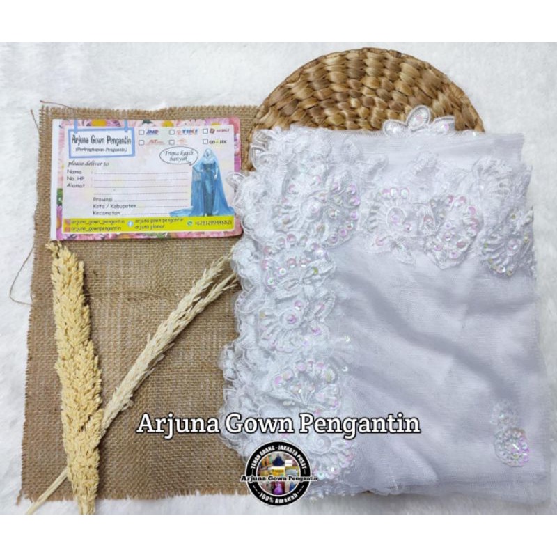 [TERMURAH] Selendang Bordir Payet || selendang akad || Selendang Pengantin Payet-Putih
