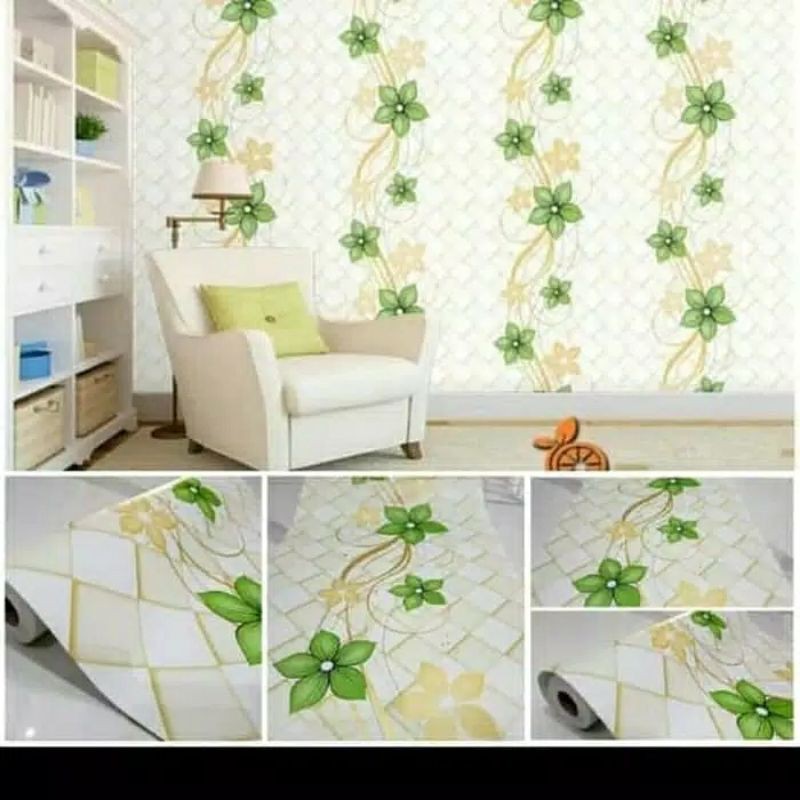 Wallpaper Dinding Motif Ranting Daun Hijau Ukuran 10 Meter x 45 Cm