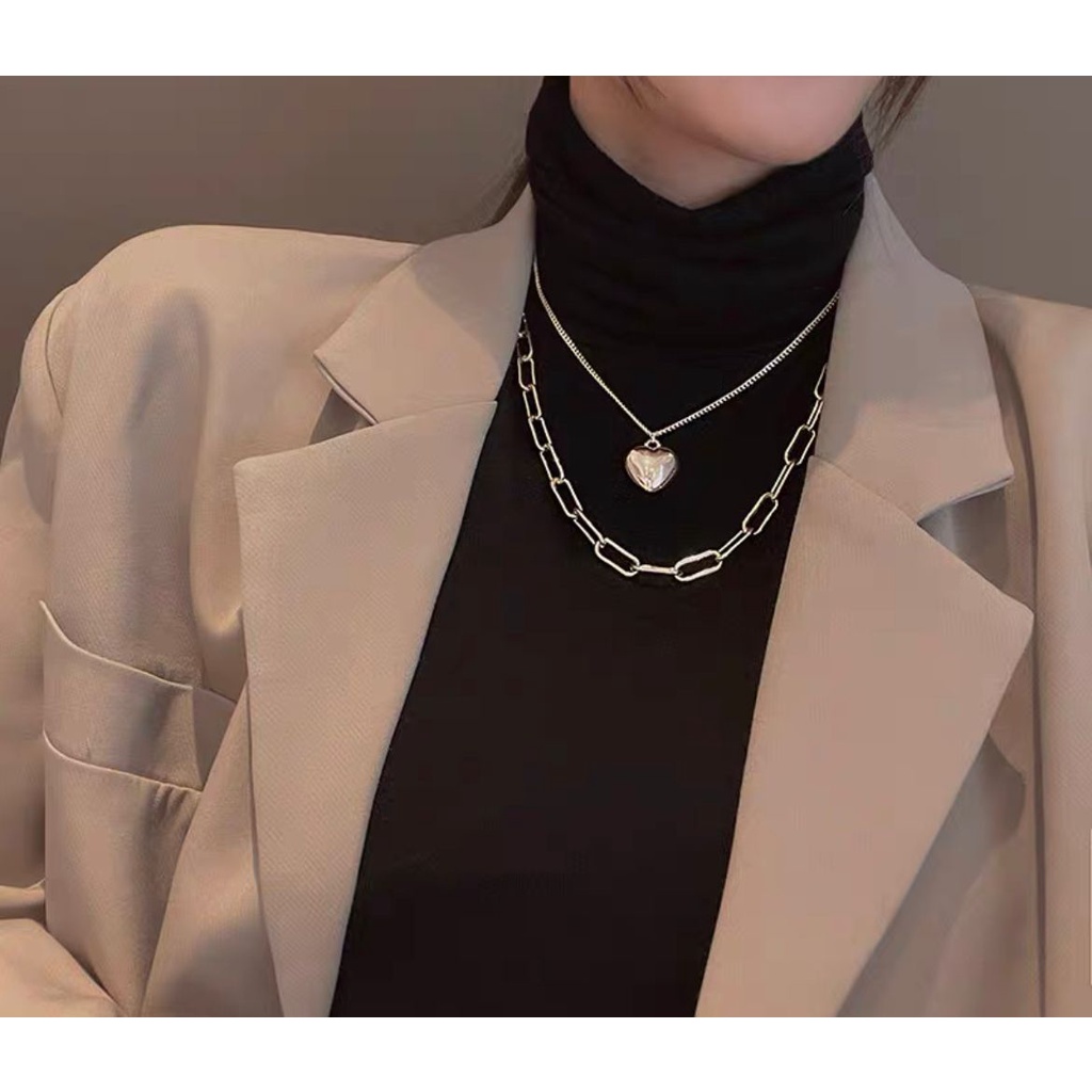 KALUNG RANTAI CHOCKER GAYA FASHION KOREA HIP HOP TITANIUM WARNA GOLD ROSEGOLD SILVER A IMPOR DOUBLE CHAIN WITH HEART LOVE