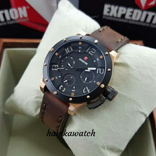 jam tangan / Watch_Id wanita expedition original e6381 black gold leather brown