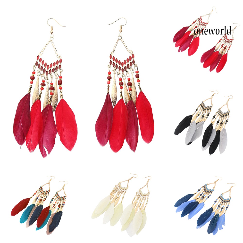 OW@ Vintage Long Dangle Feather Boho Hook Earrings Women Charming Jewelry Gift