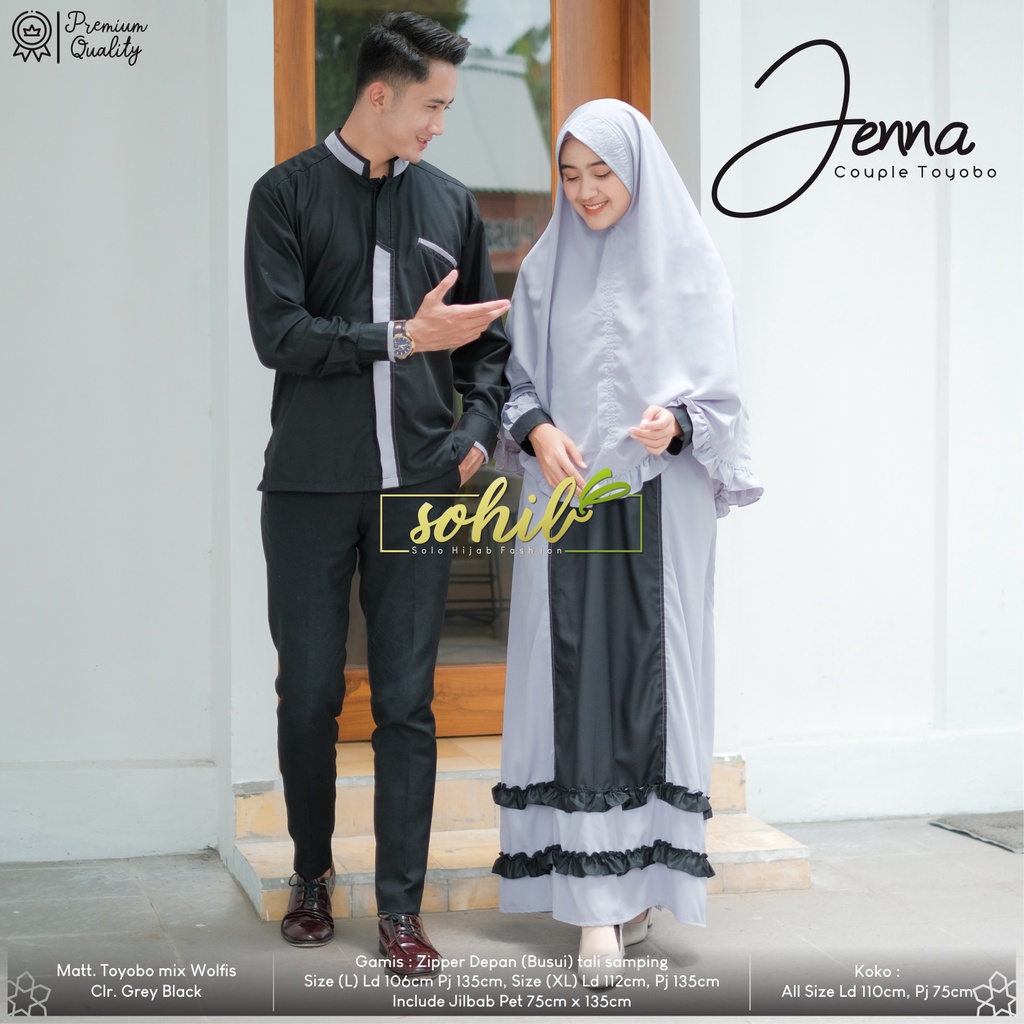 PASANGAN COUPLE MUSLIM JENNA JABEER GREY HITAM GAMIS JILBAB DAN KOKO BAHAN TOYOBO WOLFIS ORI SVJ
