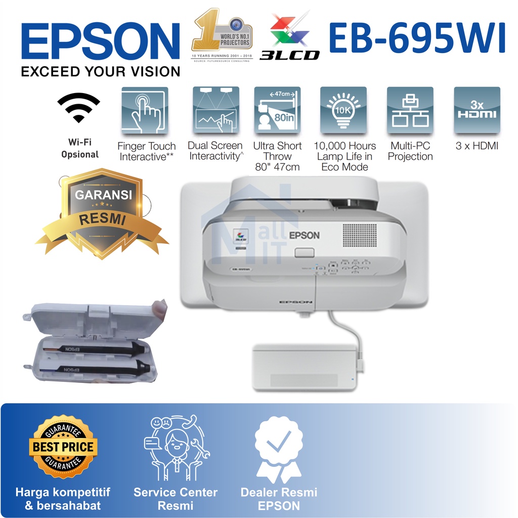 PROYEKTOR EPSON EB-695WI EB695WI 695WI ULTRA SHORT THROW PROYEKTOR EPSON INTERACTIVE G