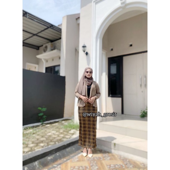 ROK SPAN TARTAN PREMIUM / ROK SKIRT SPAN DEWASA /TERBARU ROK SPAN TARTAN KOTAK 2022 /ROK PANJANG KOREAN STYLE-Caramel