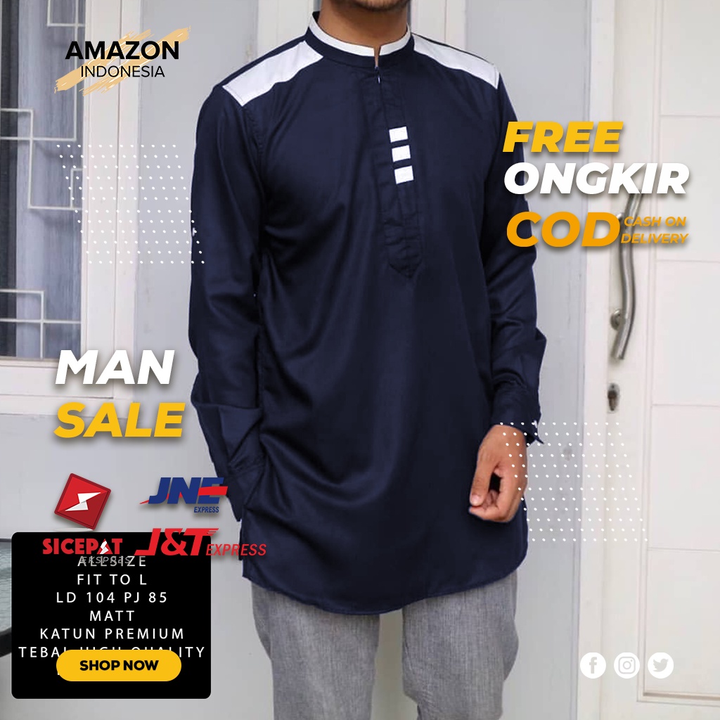 FASHION MUSLIM BAJU KOKO PRIA COWOK WARNA BIRU NAVY BAHAN KATUN DINGIN HALUS AWET IMPOR ORI BISA COD