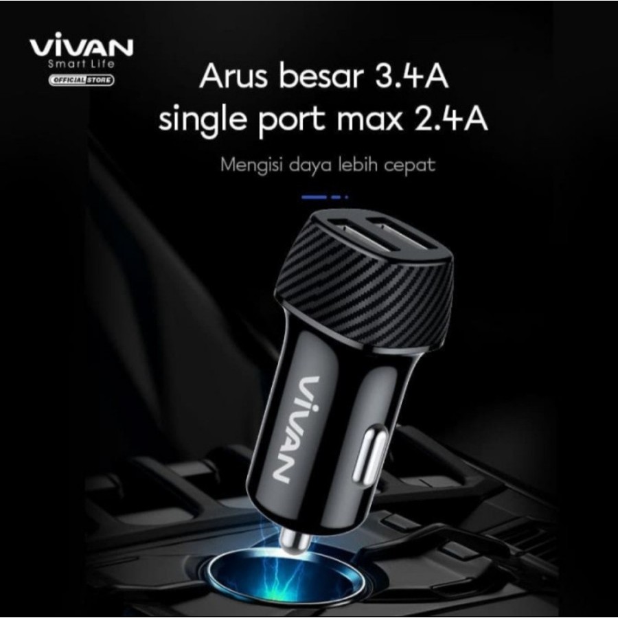 Charger Mobil 2 USB 3A VIVAN - Car Charger 3A Real Output CC02S