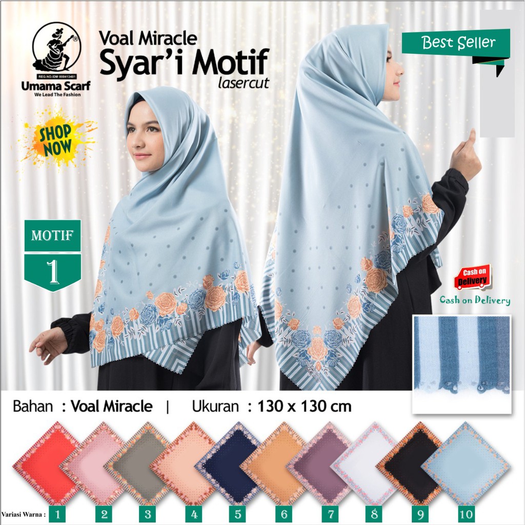 Jilbab Segi Empat Jumbo Voal Miracle Syari Laser Cut Motif 1 by Umama Scarf - Kerudung
