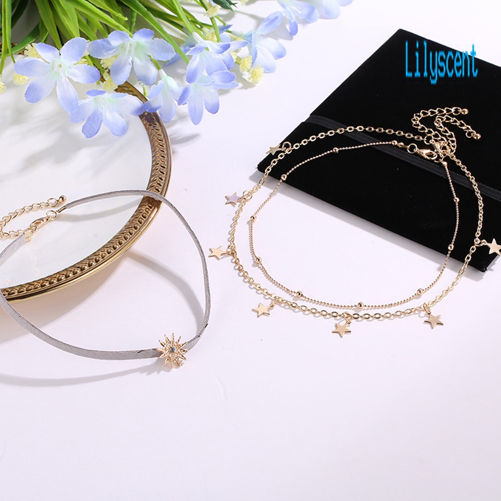 3pcs Kalung Choker 3 Lapis Bentuk Matahari Bintang Aksen Berlian Imitasi Untuk Wanita