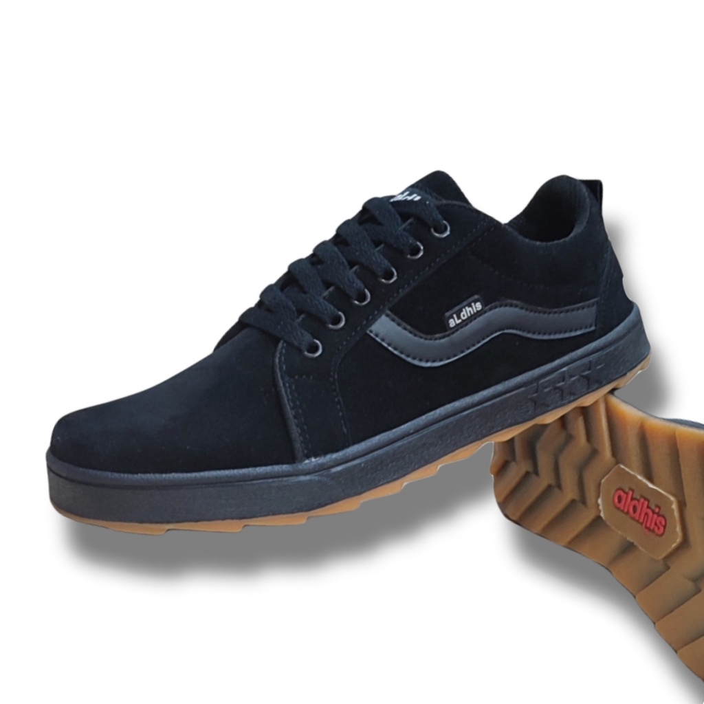 Sepatu Sekolah Pria Hitam Polos Original Lokal Aldhis C280 Cacing Full Black Sneakers Cowok Terbaru Buat Kerja Dan Gaya
