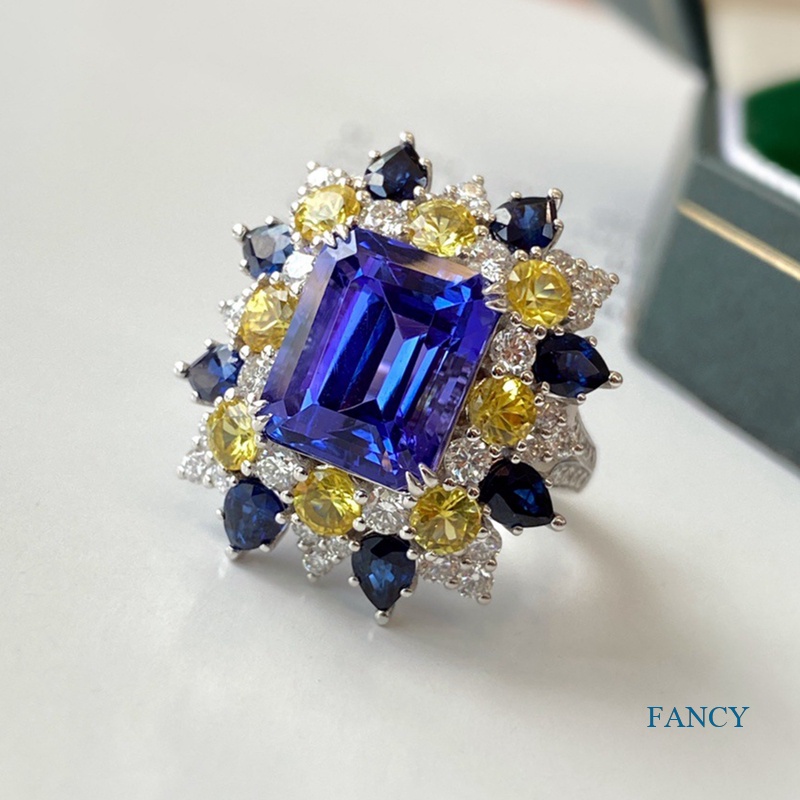 Cincin Bentuk Persegi Geometri Aksen Cubic Zirconia Warna Biru Gaya Eropa Amerika Untuk Wanita