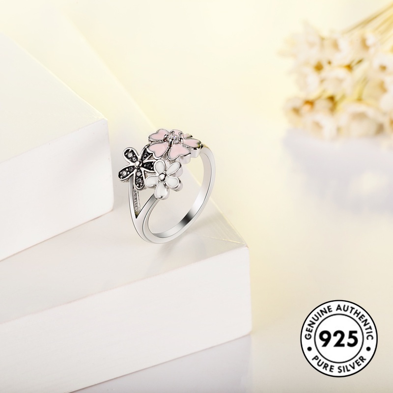 Cincin Sterling Silver 925 Desain Bunga Sakura Hias Berlian Imitasi Warna Pink Untuk Wanita