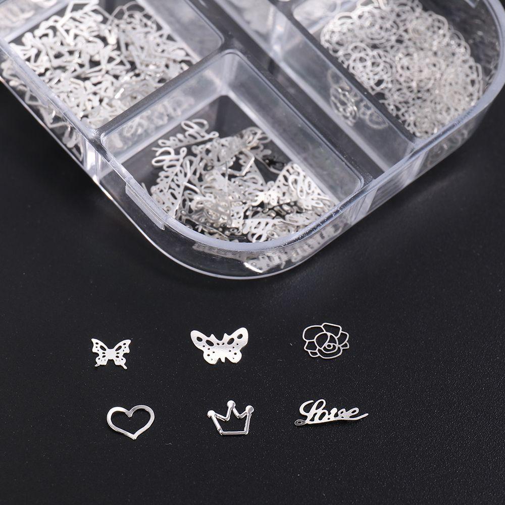 AUGUSTINA Agustina Rivet Aksesoris Kuku Perak 6kisi 3D Perhiasan Kuku Hati Bunga Kupu-Kupu Manicure Nail Art Dekorasi