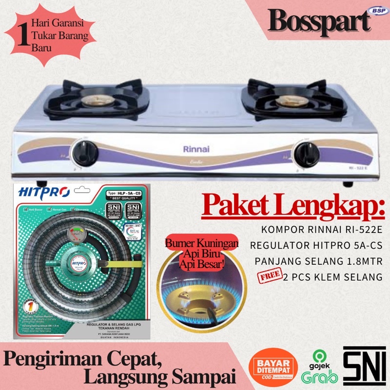Paket Kompor Rinnai RI-522E bonus Selang Regulator Hitpro / Rinnai Kompor Gas 2 Tungku / Kompor Rinai Stainless steel