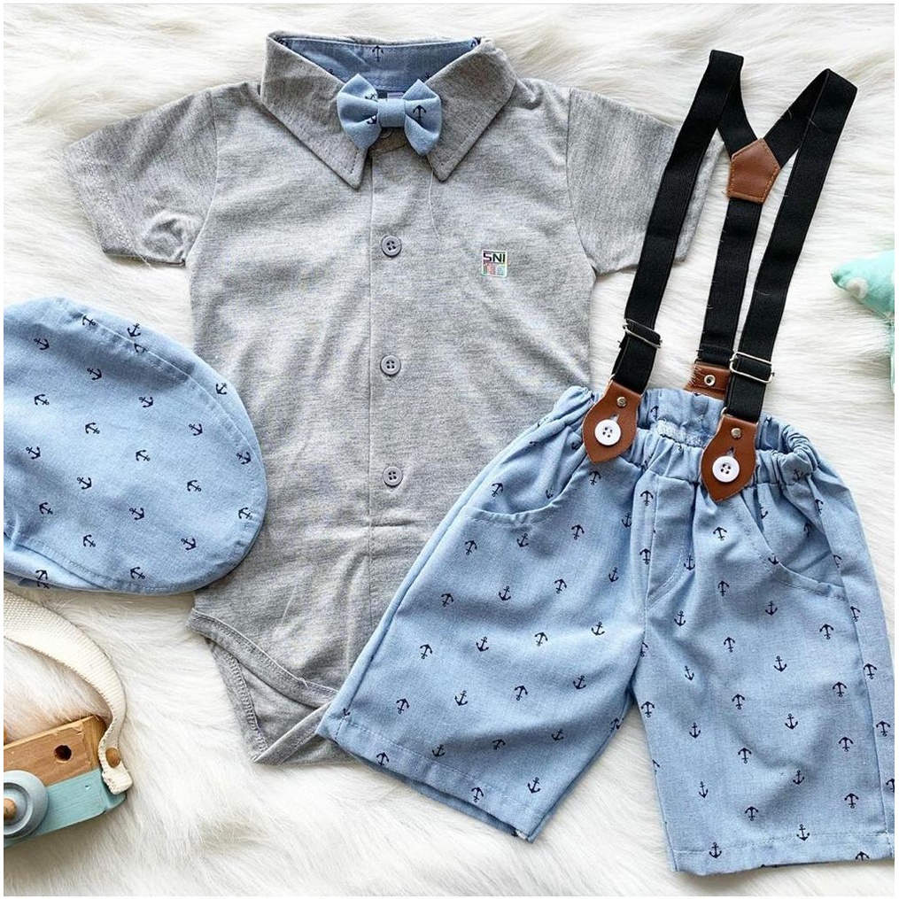 Setelan jumper celana suspender topi dasi motif bintik fashion anak bayi cowok laki baby boy -baw-GREY, JANGKAR