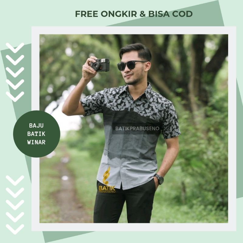 Motif Pramataraguna Lengan Pendek Kemeja Batik Pria Slimfit Katun Printing Hem Baju Seragam Kantor M