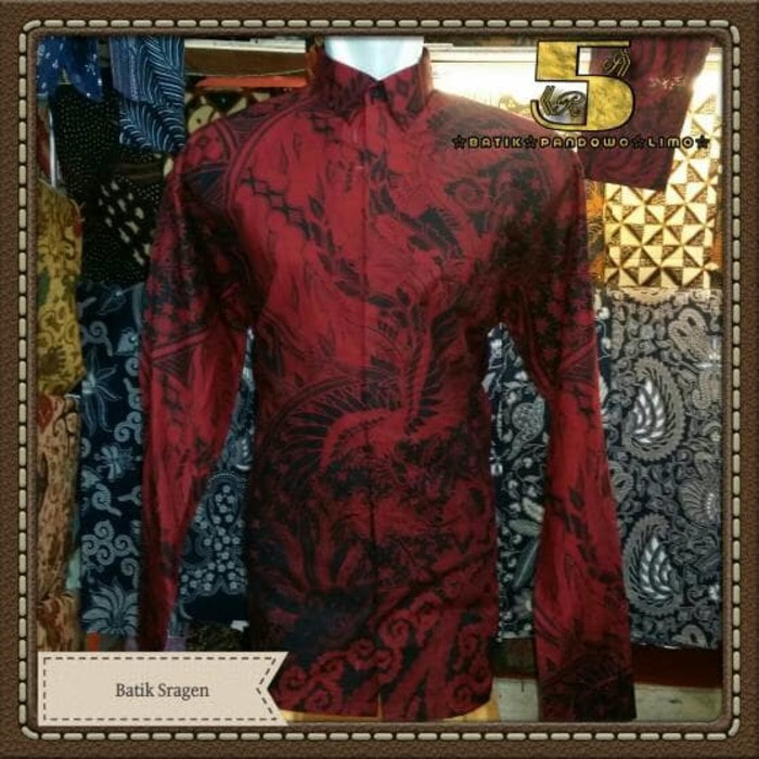 kemeja batik merah lengan panjang burung luwes - kemeja batik solo