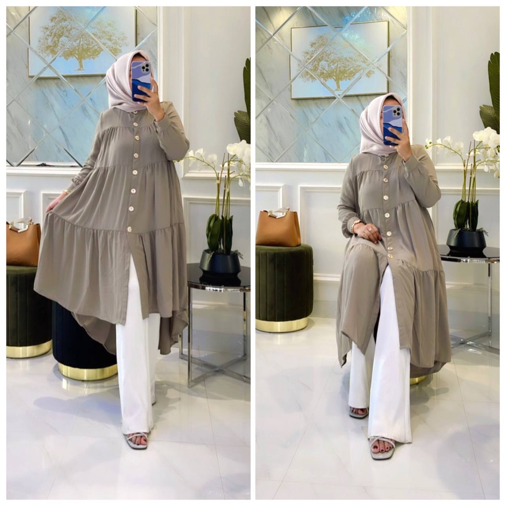 Tunik Shella Twiil Ori Premium Baju Wanita Atasan Penguin Susun Kancing Lengan Panjang Kekinian LD 110cm