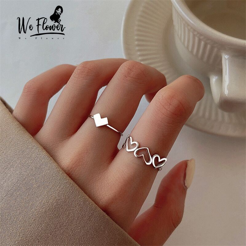 We Flower 2PCs Chic Silver Hollow Heart Open Ring Finger Cuff Jewelry for Women Girls