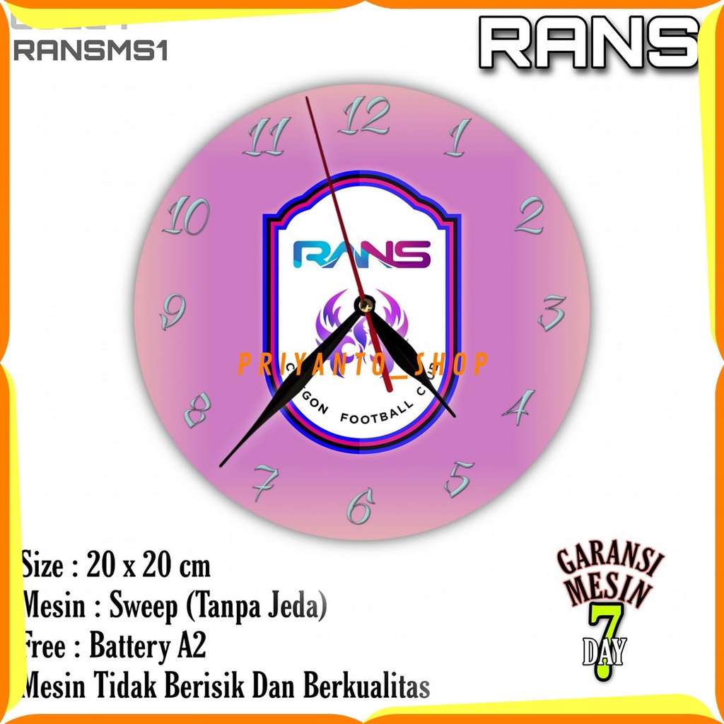 Jam Dinding Team Club Klub Sepakbola RANS NUSANTARA Mesin Halus Sweep