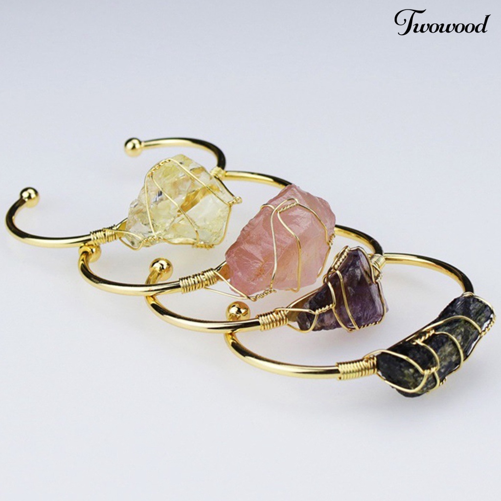 Twowood Wire Wrap Natural Stone Women Bracelet Alloy Irregular Stone Opening Adjustable Bangle Jewelry Gift