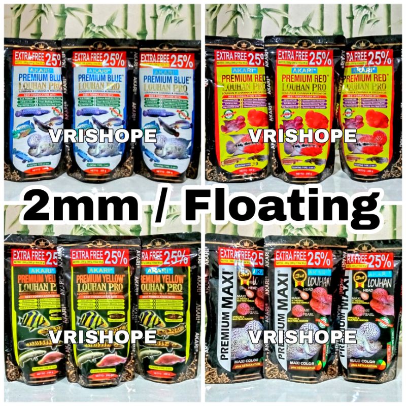 Akari Premium Blue Yellow Red Maxi Louhan Pro 250 gram, Pelet Ikan Louhan Channa Predator 2mm Floati