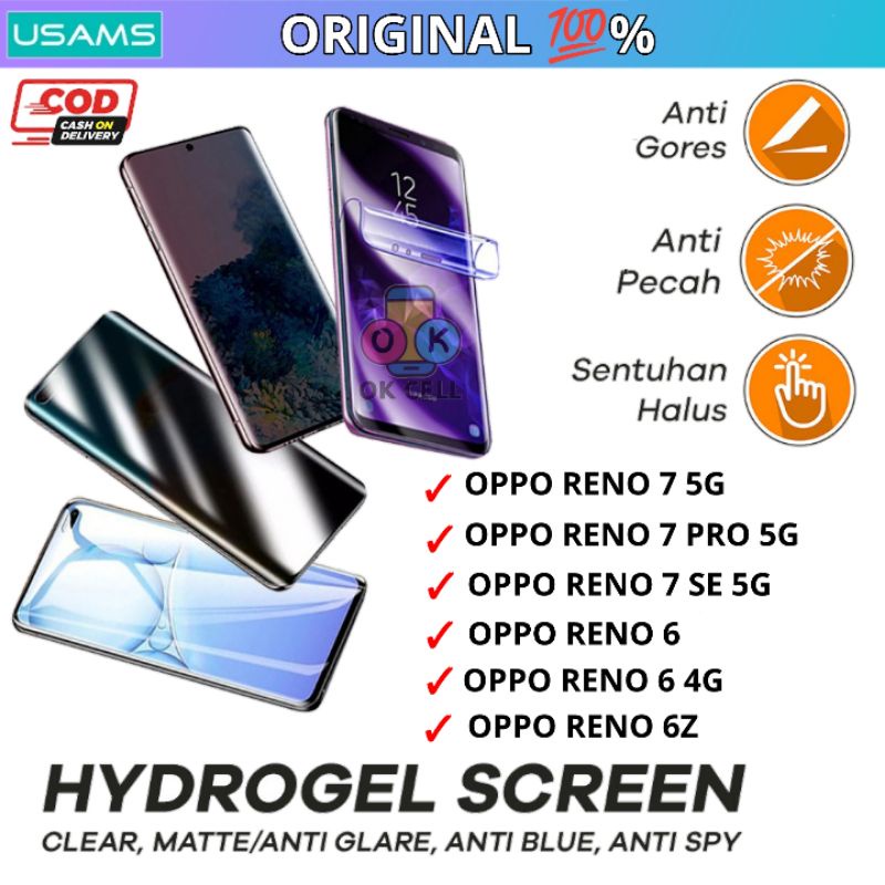 USAMS Hydrogel Anti Gores Blue Light Matte Glare Spy Oppo Reno 7 SE Pro 5G 6 6z 4G No Tempered Glass