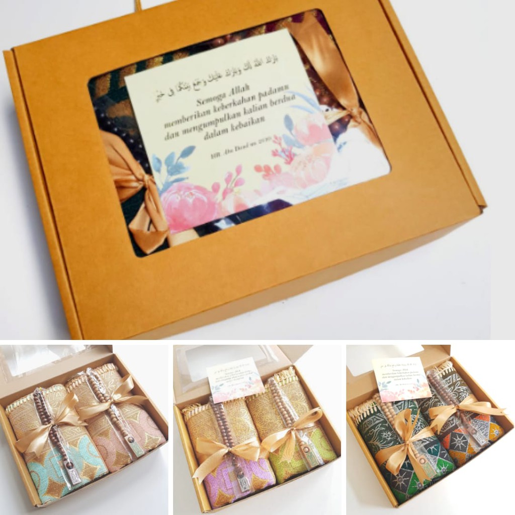 kado pernikahan sajadah couple free tasbih packaging box happy wedding