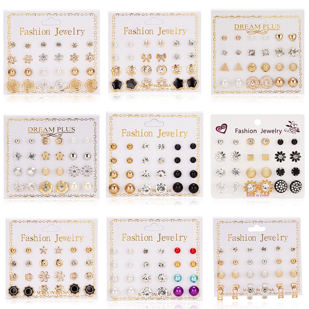 [✅READY STOCK] 12 Pasang/1 Set Anting Tusuk Model Mutiara Intan Bentuk Bulat Gaya Korea Untuk Wanita premium earring hadiah kado